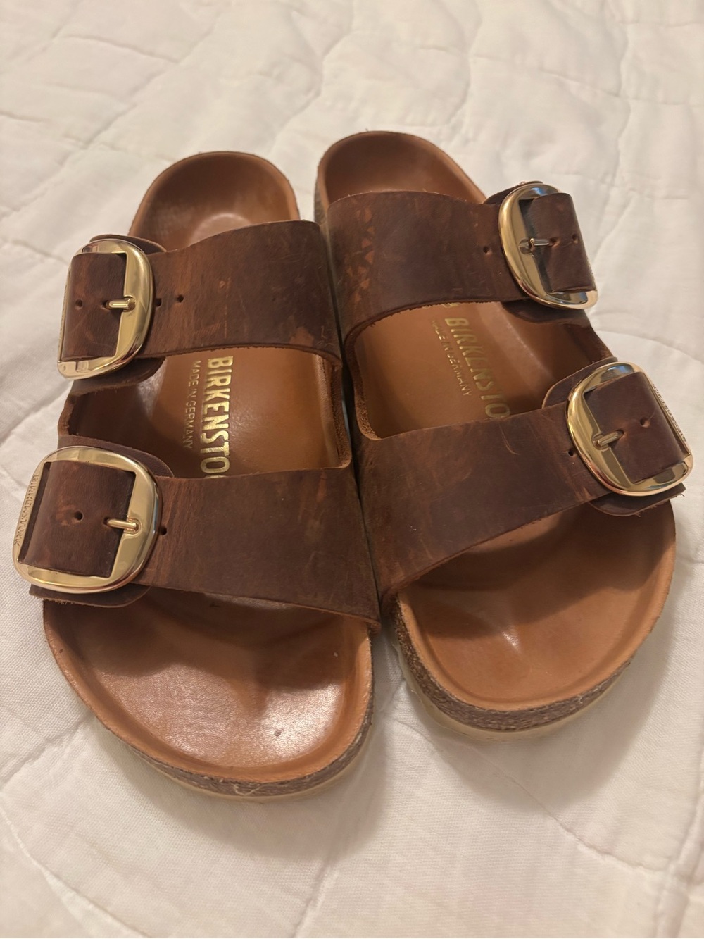 Birkenstock Brown Leather Double Buckle Sandals with Gold Buckles